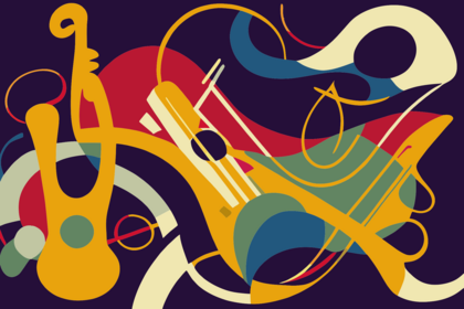 Abstrakt illustration av musikinstrument, inklusive trumpet och saxofon, i starka färger mot mörk bakgrund.