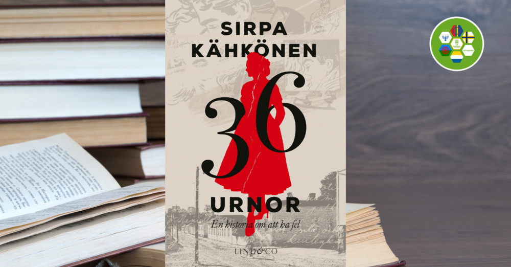 Omslaget till boken 36 urnor – En historia om att ha fel av Sirpa Kähkönen. På framsidan syns en röd silhuett av en kvinna mot en bakgrund av bleka teckningar och handskriven text. Runtomkring ligger uppslagna böcker och i hörnet finns en symbol med de nationella minoriteternas flaggor.