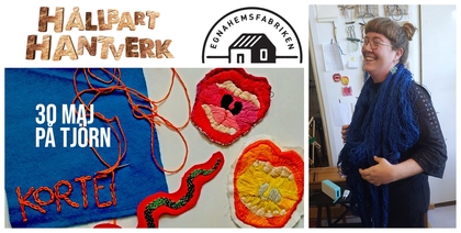 Affisch för hållbart hantverk med broderier, textilkonst och person som arbetar med garn.