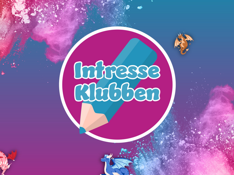 Logotyp med texten 'Intresse Klubben', en stor penna och färgglada drakar på en bakgrund av blått och rosa färgpulver.