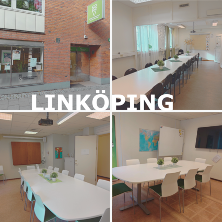 Fyra bilder visar ett kontor eller konferenslokal i Linköping, med mötesrum och långbord.