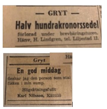 Två gamla tidningsannonser på svenska, en om en förlorad sedel och en om en fisk i sump.