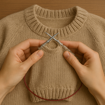 Två händer stickar en liten tröja ovanpå en större, färdigstickad beige tröja.