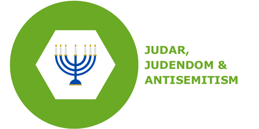 Illustration av en menorah och texten 'Judar, judendom & antisemitism' på vit och grön bakgrund.