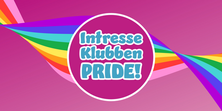 Färgglad bild med regnbågsfärger och texten 'Intresse Klubben PRIDE!' i en cirkel mot rosa bakgrund.