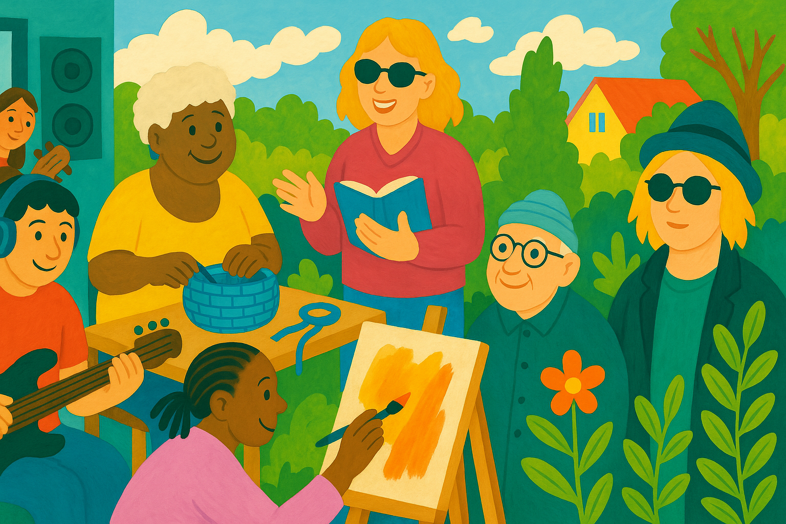 Illustration av människor som deltar i olika kreativa aktiviteter utomhus, som målning, musik och hantverk.