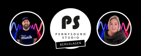 Logotyp för Pennysound Studio Bergslagen med två personer och ljudvågor i bakgrunden.