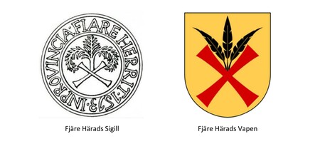 Två symboler: till vänster ett runt sigill med text och två korsade klubbor, till höger ett vapensköld med tre svarta ax och ett rött kors.