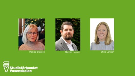 Tre porträtt av personer med namn under, på grön bakgrund med logotypen för Studieförbundet Vuxenskolan.