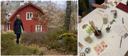 Till vänster en person som promenerar utanför ett rött hus i naturen, till höger personer som målar akvarell vid ett bord.