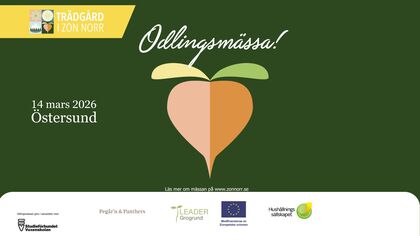 Affisch för Odlingsmässa i Östersund 14 mars 2026 med illustration av en rotfrukt och gröna blad.
