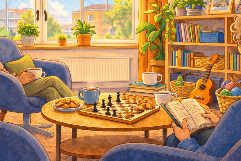 Två personer sitter i ett mysigt vardagsrum med kaffe, bok, schackbräde, kakor och växter.