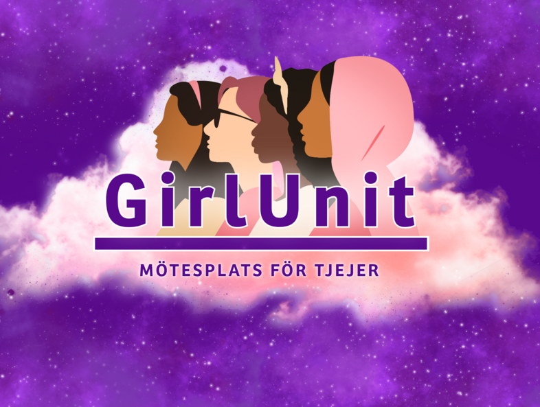 Illustration av fyra tjejer i profil mot en lila stjärnhimmel med texten 'GirlUnit – Mötesplats för tjejer'.