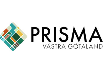 Logotyp för Prisma Västra Götaland med färgglad geometrisk symbol och svart text på vit bakgrund.