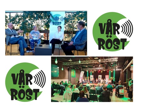Paneldiskussion och publik på evenemang med logotypen 'Vår Röst' i grönt och svart.