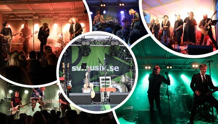 Collage av liveband som uppträder på scen inför publik med färgglad scenbelysning.