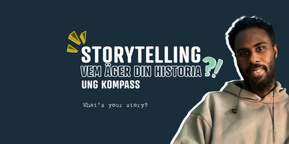 Man i beige hoodie ler mot kameran, text om storytelling och ägande av sin historia på mörkblå bakgrund.