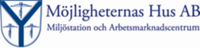 Logotyp för Möjligheternas Hus AB med texten 'Miljöstation och Arbetsmarknadscentrum' och en blå symbol.