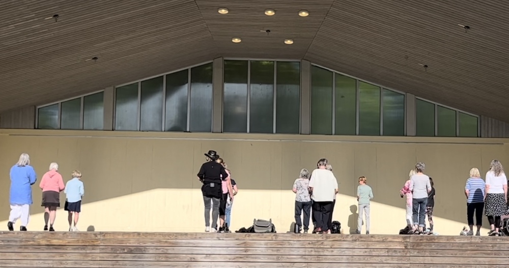En grupp människor står utspridda på en utomhusscen med trappsteg framför.