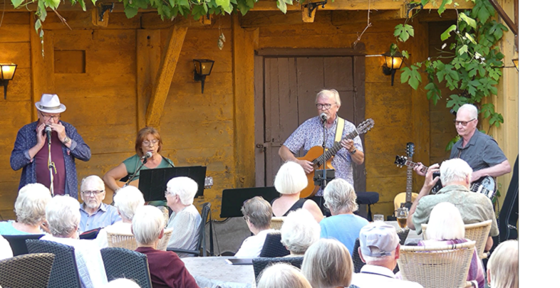 En liten musikgrupp spelar live på en utomhusscen inför en sittande publik.