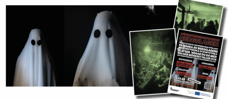Kollage med spökdräkt, nattbilder från spökvandring och affisch för spökvandring i Bergslagen.