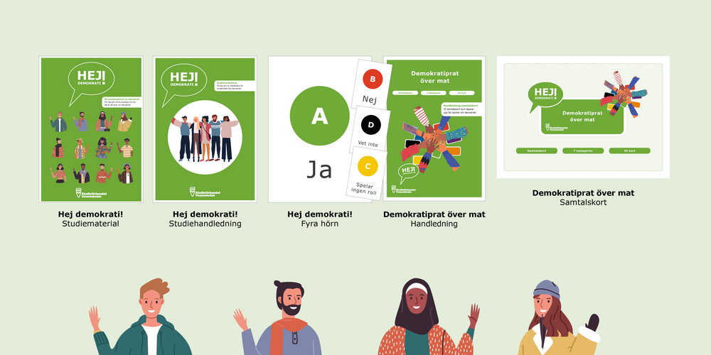 Illustration av studiematerial och handledningar om demokrati, samt fyra tecknade personer som vinkar längst ner.