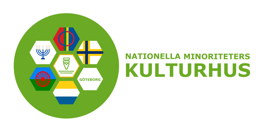 Logotyp för Nationella minoriteters kulturhus med hexagoner och symboler för olika minoriteter.