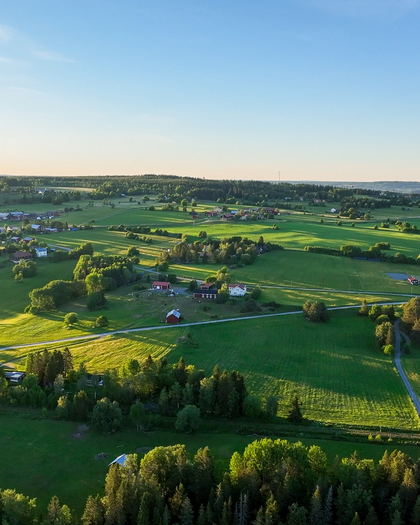 Landskapsvy över gröna fält, skogsdungar och några gårdar under en klar blå himmel.