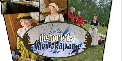 Affisch för historisk återskapande i Östersund med bilder på personer i medeltida kläder och information om evenemanget.