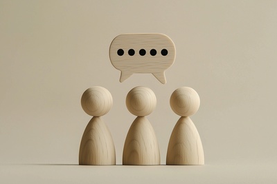 Tre träfigurer står bredvid varandra med en pratbubbla ovanför dem mot beige bakgrund.