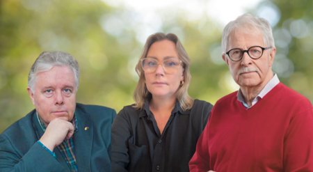 Tre personer står utomhus med grönskande bakgrund, klädda i vardagskläder.