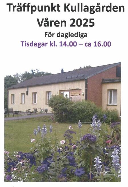 Affisch för Träffpunkt Kullagården våren 2025 med bild på en gul byggnad och blommor i förgrunden.