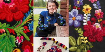 Färgglada blommiga broderier på kläder och accessoarer, person utomhus vid en sjö.