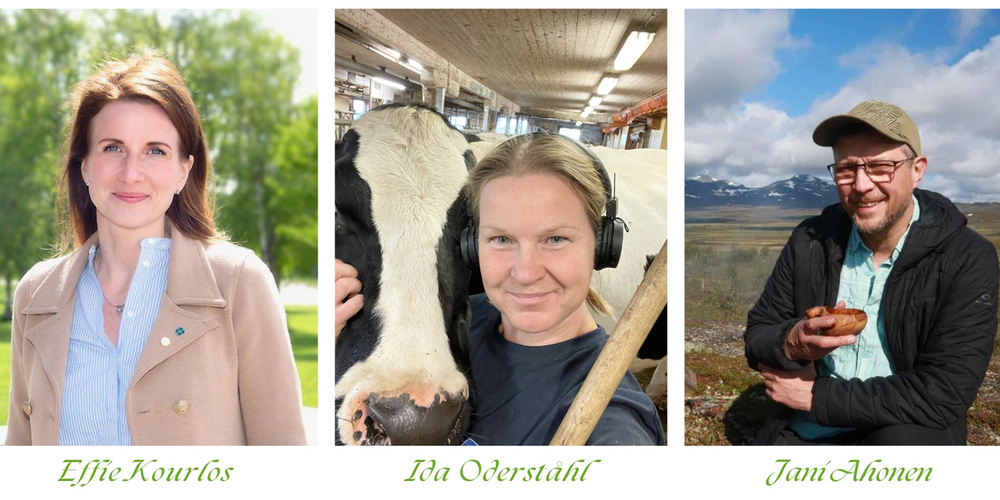 Tre personer presenteras med namn under bilderna, i olika miljöer: park, ladugård och fjällandskap.