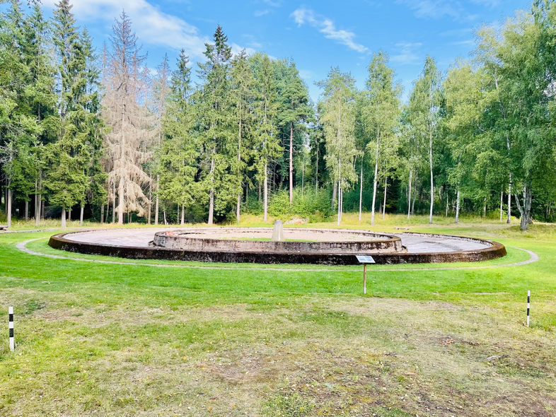 En rund, tom fontän omgiven av gräsmatta och skog under en klarblå himmel.