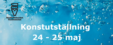 Affisch med information om en konstutställning 24-25 maj i Varberg, mot blå bakgrund med vattenbubblor.