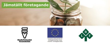 Glasburk med mynt och växt, texten 'Jämställt företagande' samt tre logotyper längst ner.