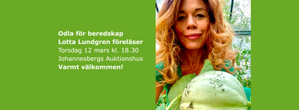 Affisch för föreläsning om odling med text och en person i växthus med grönsak.