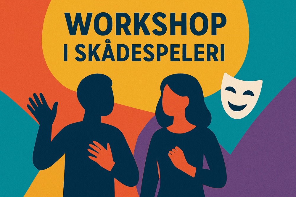 Illustration av två personer utan ansikten, en teatermask och texten 'Workshop i skådespeleri' på färgglad bakgrund.