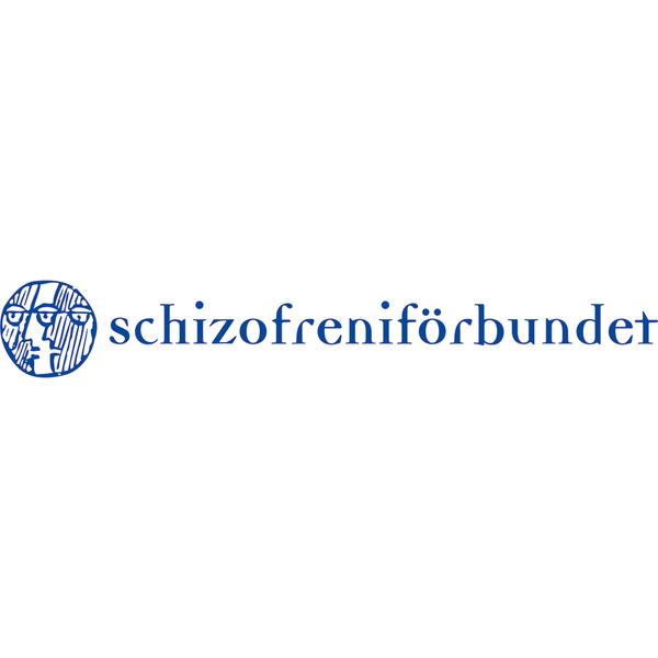 Logotyp för Schizofreniförbundet med blå text och en stiliserad teckning av två ansikten i en cirkel.