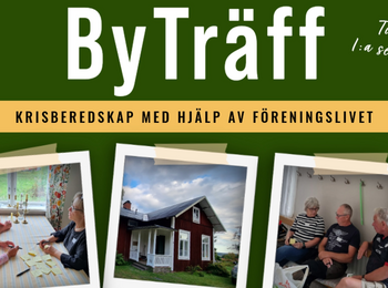 Affisch för ByTräff om krisberedskap med hjälp av föreningslivet, med foton på samtal, bystuga och gruppdiskussion.
