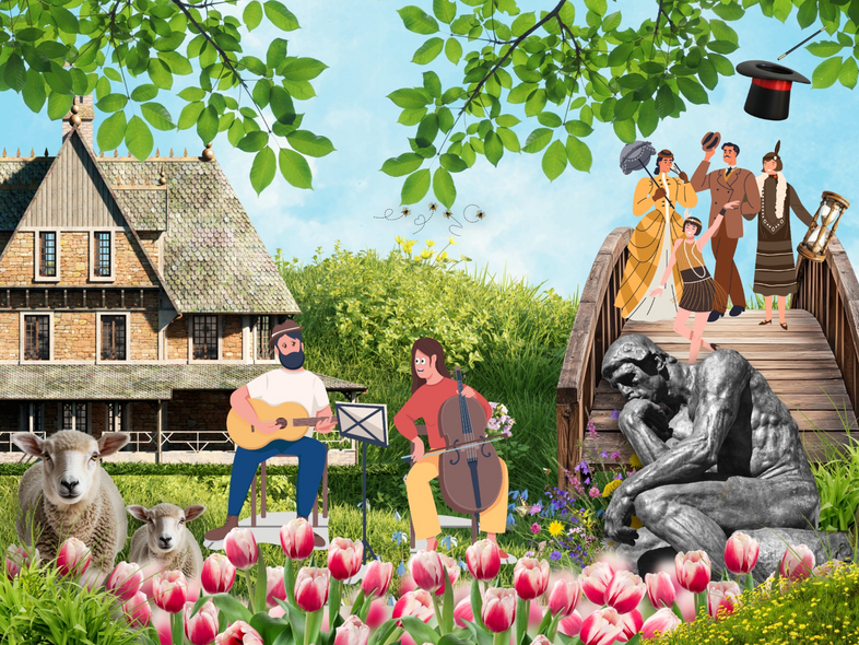 En idyllisk trädgård med tulpaner, får, musiker, en bro med människor och en staty av en tänkare.