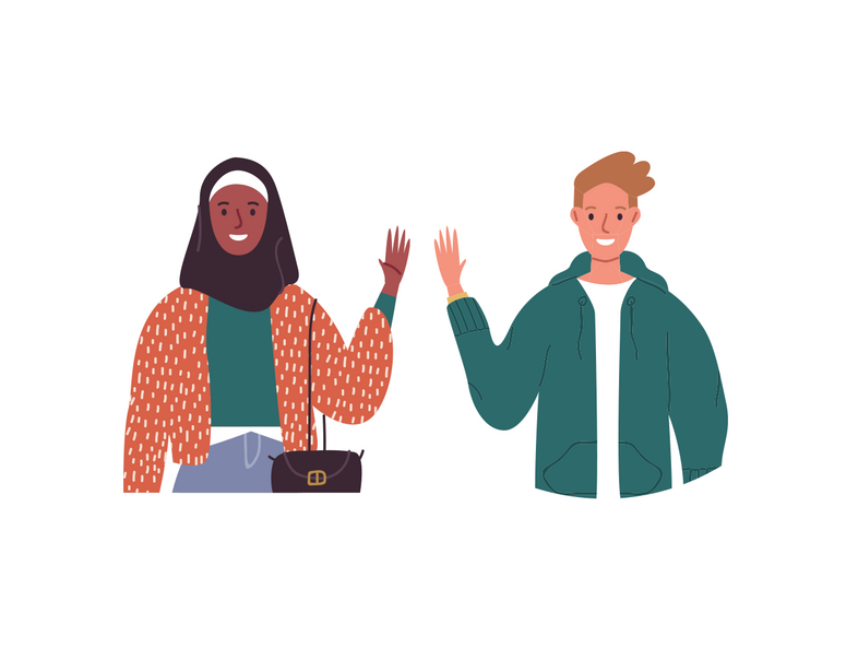 Två personer vinkar, en kvinna med hijab och en man, båda klädda i färgglada kläder.