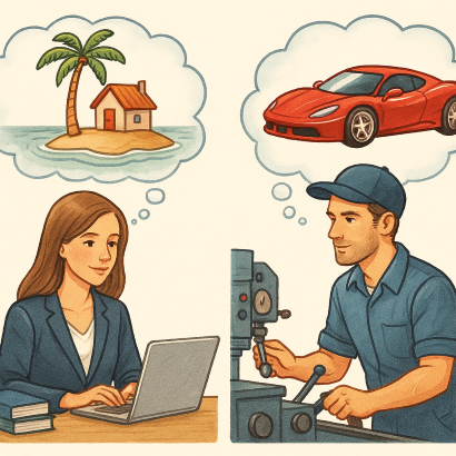 Två personer arbetar, en kvinna vid en laptop drömmer om en ö med hus, en man vid en maskin drömmer om en sportbil.