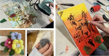 Fyra bilder visar olika konstnärliga aktiviteter: måla, stryka, nåltova och skapa ullblommor.