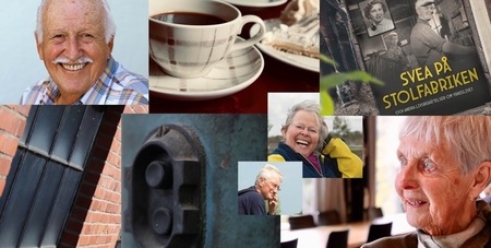 Ett kollage med äldre personer som ler, en kaffekopp, en bok, tegelvägg och närbild på ett metallföremål.