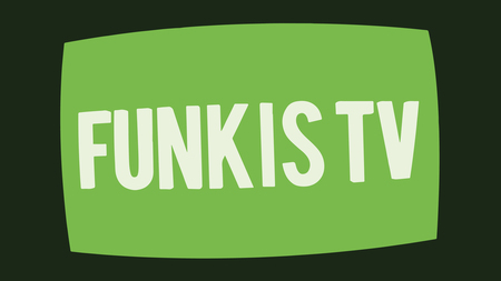 Grön TV-skärm med vit texten 'FUNKIS TV' mot mörk bakgrund.