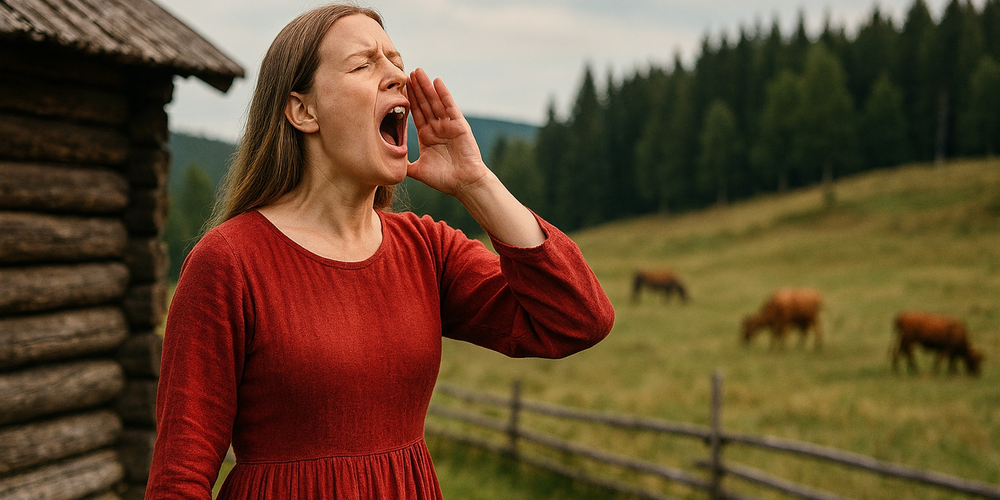 Person i röd klänning står utomhus vid en trästuga, med kor betande i bakgrunden på en äng.