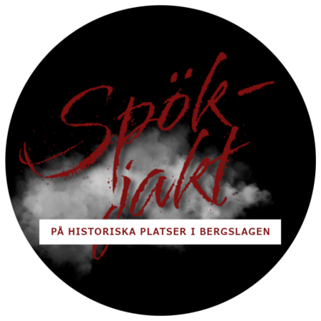 Svart cirkel med texten 'Spökjakt' i röd stil och 'På historiska platser i Bergslagen' i vitt.