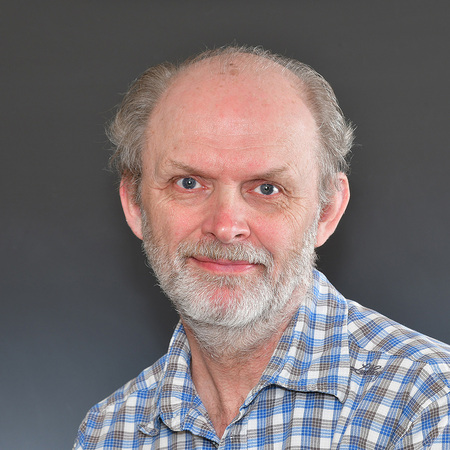 Man med grått hår och skägg i rutig skjorta mot grå bakgrund.